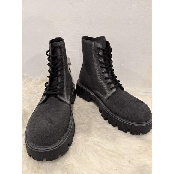 Zara Men Lace-Up Black Canvas Chunky Lug Style Boots Distressed US 10 EUR 43 NWT - Picture 5 of 11